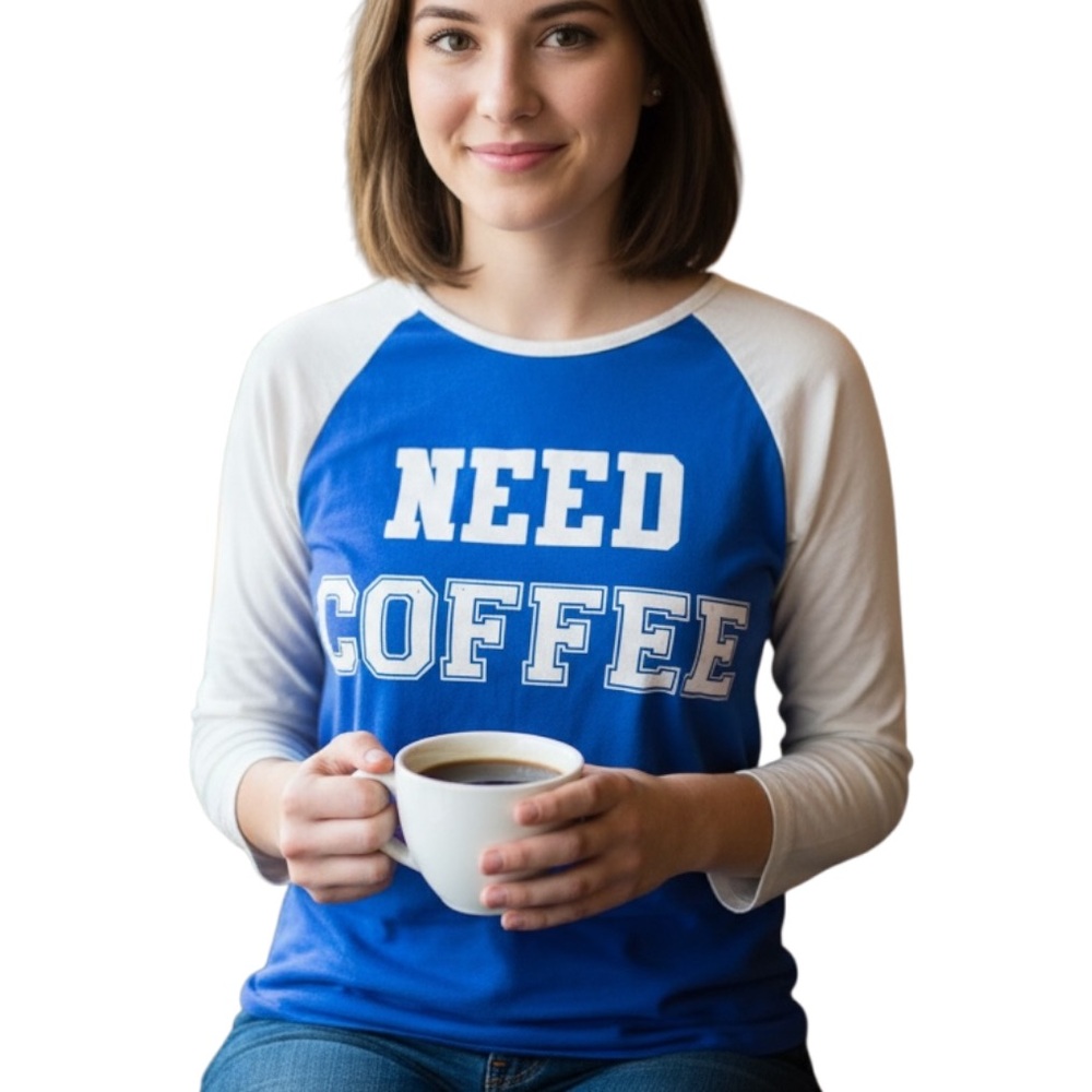 EM & ALFIE Baseball TShirt Graphic Need Coffee Blue White 3/4 Sleeve SZ see desc